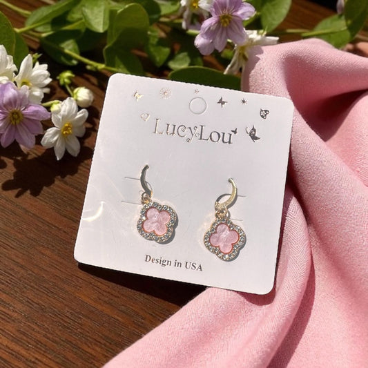 🌸 Pink Abalone Flower Hoop Earrings – Gold-Tone Crystal Accents | LucyLou Jewelry