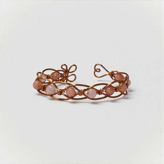 Rose Quartz & Copper Wire Wrapped Bangle – Healing Crystal Bracelet