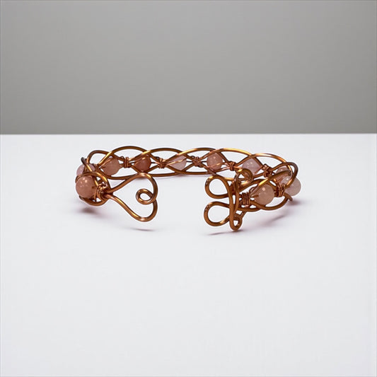 Rose Quartz & Copper Wire Wrapped Bangle – Healing Crystal Bracelet