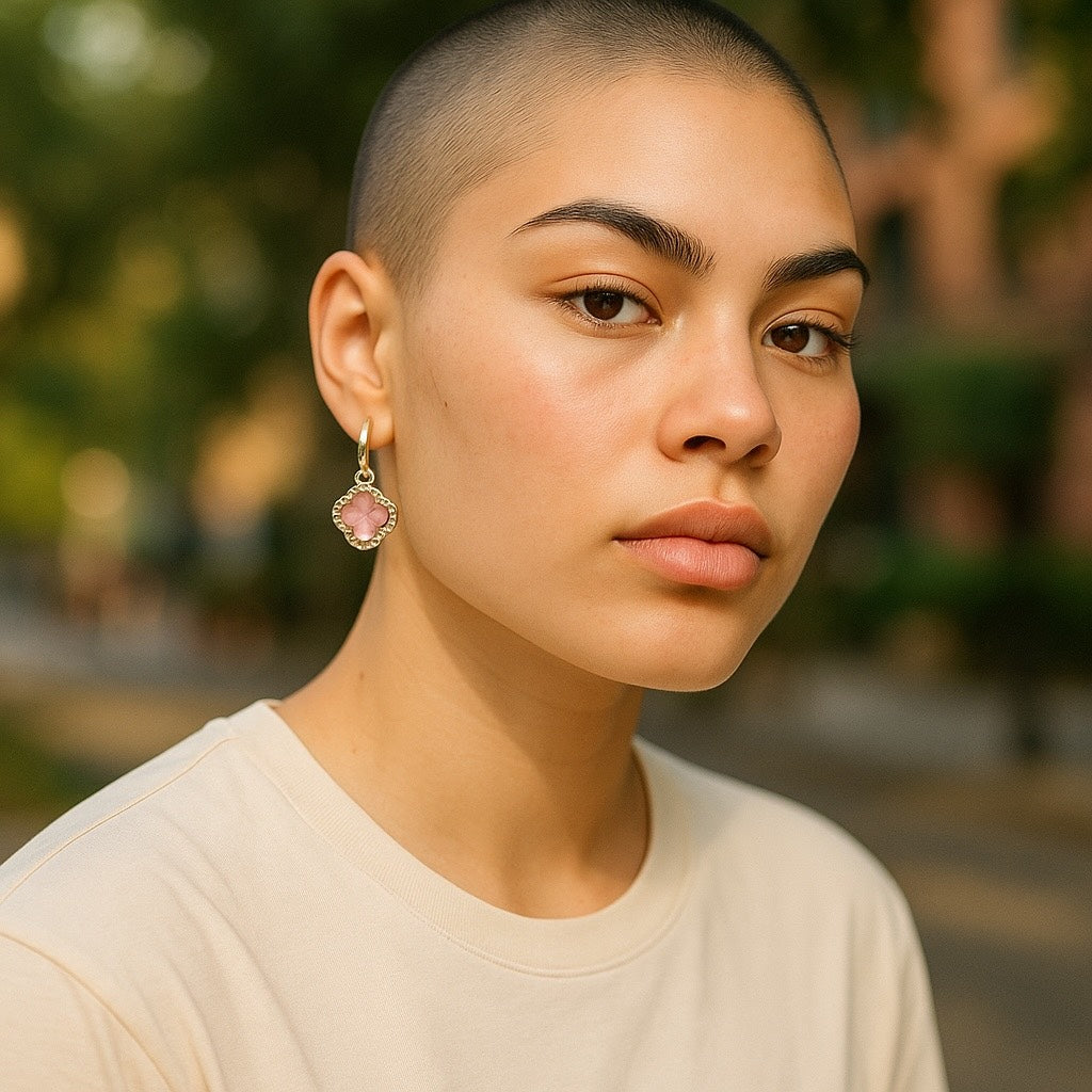 🌸 Pink Abalone Flower Hoop Earrings – Gold-Tone Crystal Accents | LucyLou Jewelry